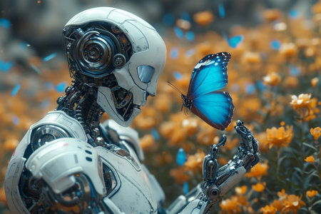 Butterfly on robot hand, technology and nature.の素材