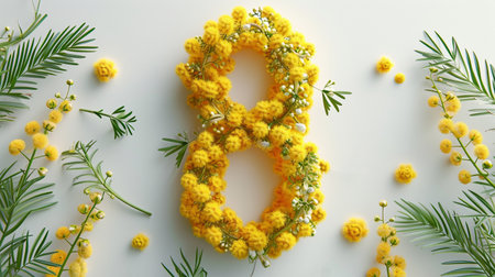 Greeting for International Women's Day on March 8th. Branches of mimosa and number eight.の素材
