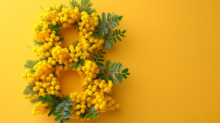 Greeting for International Women's Day on March 8th. Branches of mimosa and number eight.の素材
