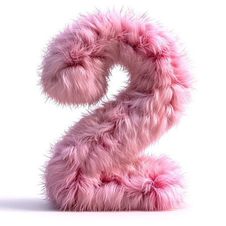 Decorative pink fur number 2 on white background.の素材