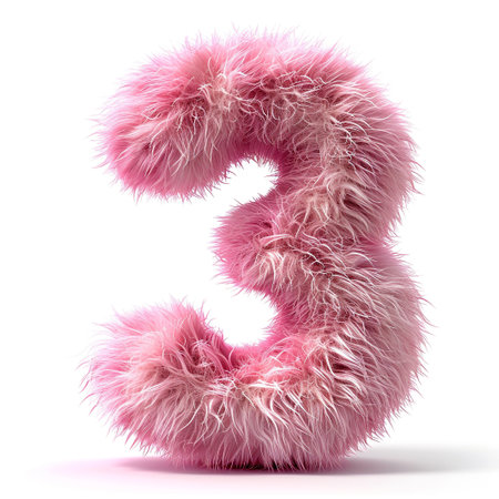 Decorative pink fur number 3 on white background.の素材