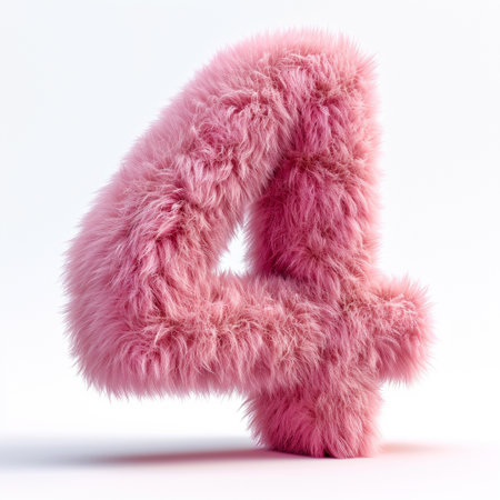 Decorative pink fur number 4 on white background.の素材