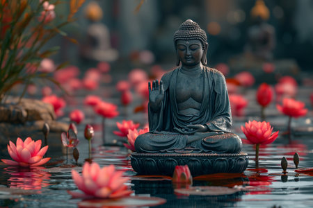 Buddha sat in a lotus flower floating on the water surface.の素材