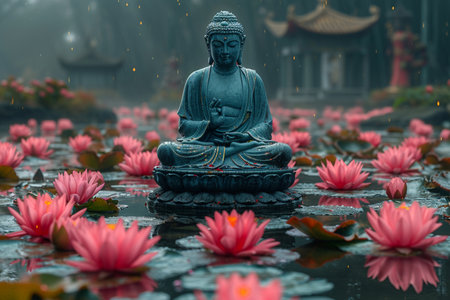 Buddha sat in a lotus flower floating on the water surface.の素材