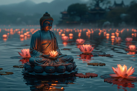 Buddha sat in a lotus flower floating on the water surface.の素材
