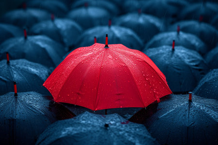 Red umbrella stand out from the crowd of many black umbrellas. Business, leader conceptの素材
