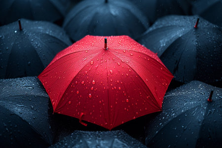 Red umbrella stand out from the crowd of many black umbrellas. Business, leader conceptの素材