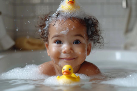 Adorable baby with soap suds on hair taking bath.の素材