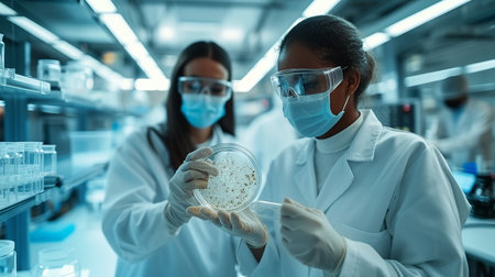 Laboratory assistant l holding microorganisms cultivated in a petri dish.の素材