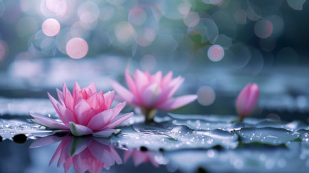 pink water lilies in sunshine, tranquility in idyllic nature, wellness.の素材