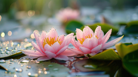 pink water lilies in sunshine, tranquility in idyllic nature, wellness.の素材