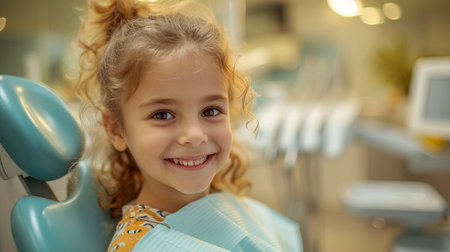 Little girl sitting in the dentists office.の素材