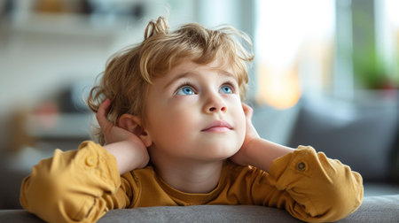 Little autistic boy closing ears with his hands in a protective positionの素材