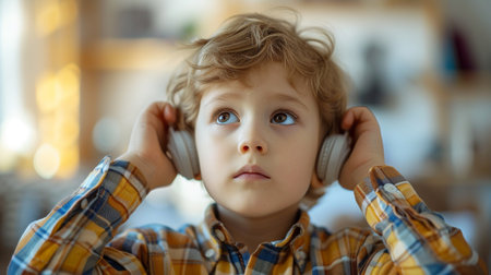 Little autistic boy closing ears with his hands in a protective positionの素材