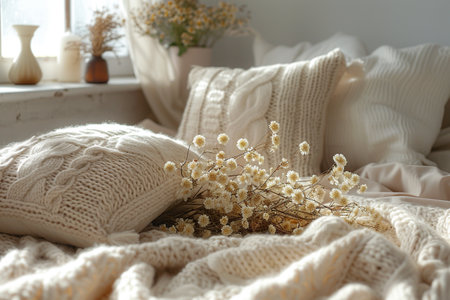 Modern and bohemian composition of interior with plaid, pillow, dry plants,の素材