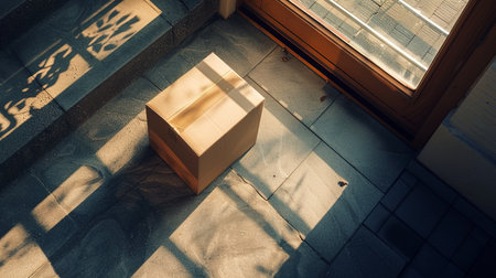 Cardboard parcel box delivered outside the door. Parcel o near entrance door. Top viewの素材