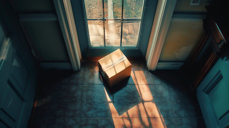 Cardboard parcel box delivered outside the door. Parcel o near entrance door. Top viewの素材