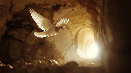 White dove and tomb symbolizing the crucifixion and resurrection of Jesus Christ for Easterの素材