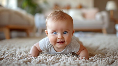 Portrait of a crawling baby on the carpetの素材