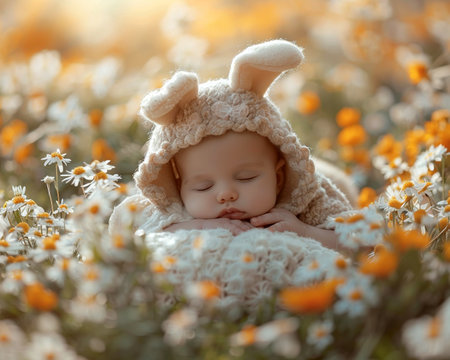 Newborn baby wearing a rabbit hat with ears. Spring composition. Easter bunny.の素材