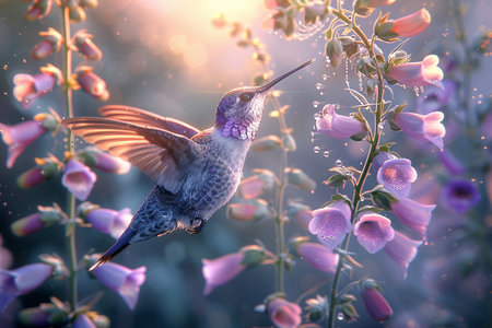 Fiery throated hummingbird is sucking the nectar out of the pink purple flowersの素材