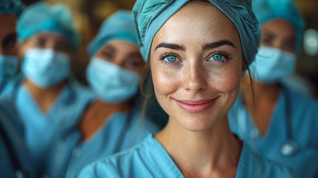 Successful team of medical nurse are looking at camera and smilingの素材