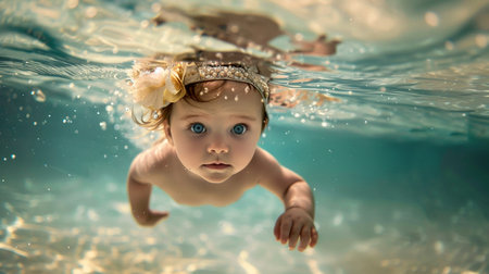 Curious baby swimming underwater, gazing up with bright blue eyesの素材