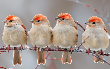 Four Sparrows Perched on a Branchの素材