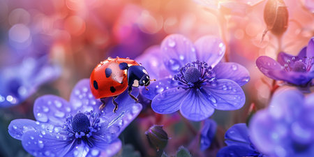 A vivid image of a ladybug exploring dew-kissed purple flowers.の素材