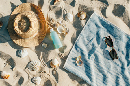 A sunhat, sunglasses, sunscreen, towel, and seashells spread on sandy beach.の素材