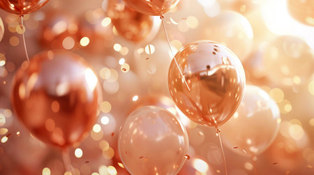Golden and transparent balloons surrounded by confetti in a festive atmosphere.の素材