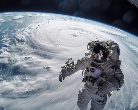 A spacefarer observes a swirling hurricane on Earth, enveloped in the tranquility of space.の素材