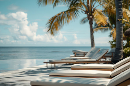 Sun loungers on a wooden deck by a turquoise sea under palm trees.の素材
