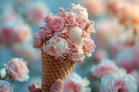 A whimsical composition blending scoops of vanilla ice cream with pink roses in a waffle cone.の素材