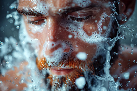 Close-up of a bearded man's face being splashed with clear water.の素材