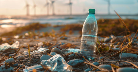 A pile of discarded plastic bottles with an industrial backdrop.の素材