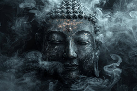 Close-up of a Buddha statue with swirling smoke against a dark background.の素材