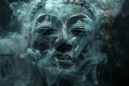 A serene Buddha statue emerges from thick, swirling smoke.の素材