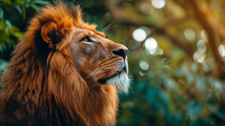 Side view of a majestic lion with a lush mane against a natural backdrop.の素材