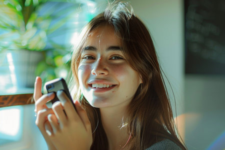 Smiling Woman Holding Smartphoneの素材