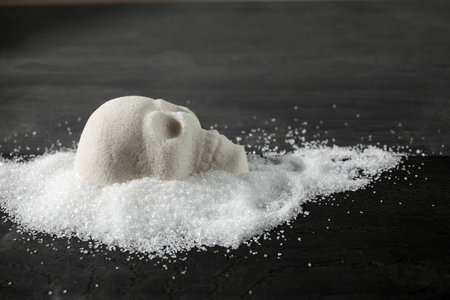 A skull-shaped sugar mound on a wooden surface symbolizing the concept of unhealthy dietの写真素材