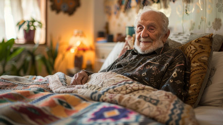 A cheerful senior man relaxes in bed with a colorful quilt in a cozy room.の素材