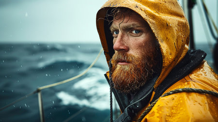 A rugged fisherman in a yellow raincoat endures a storm on the ocean.の素材
