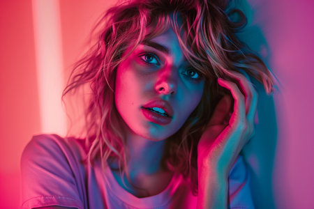 A woman with captivating eyes in a neon-lit setting exudes modern style.の素材