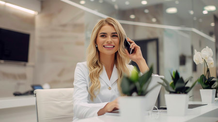 Smiling Businesswoman on Phone in Modern Officeの素材