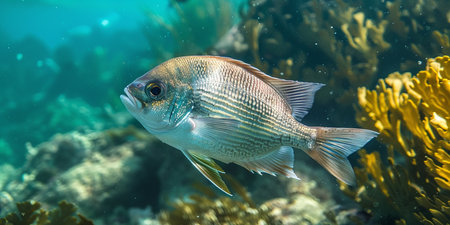 A colorful fish swims among coral reefs in clear blue waters.の素材