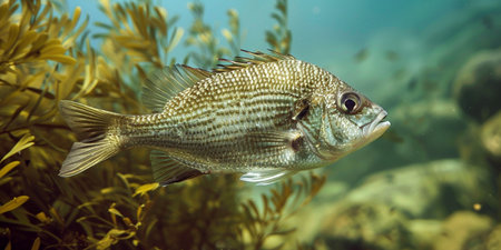 A single fish exploring the vibrant underwater world with sunlight filtering through.の素材