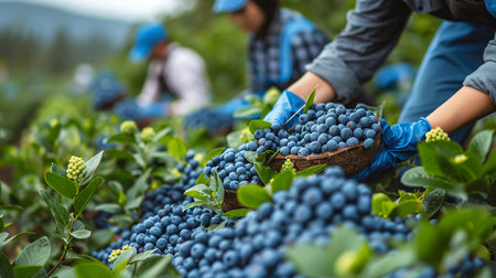 Workers picking ripe blueberries on a farm, with a focus on hands and berries.の素材