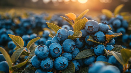 Close-up of juicy blueberries in a field during sunset.の素材