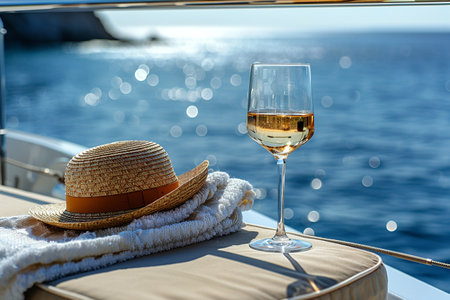 A glass of wine with a straw hat on a yacht, showcasing an opulent seascape.の素材